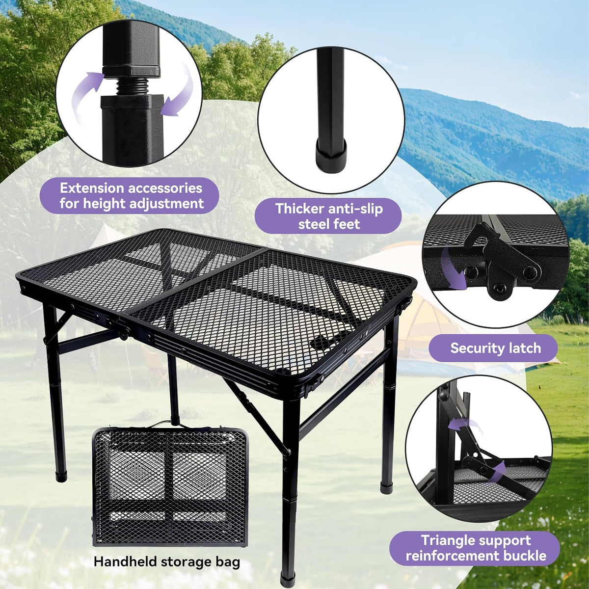 BRIAN & DANY Camping Table Folding Grill Table, Small Foldable Table Height Adjustable, Portable Metal Picnic Table for Outdoor, Black, 2x1.3FT