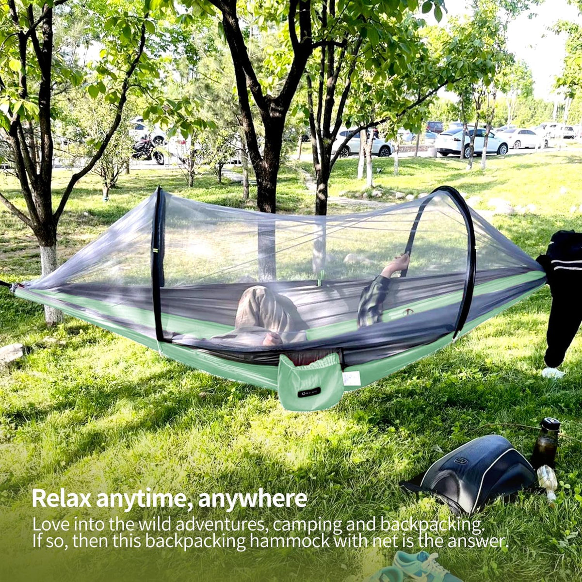Hammock with Mosquito Net - Lightweight, Portable, 1 Person Hammock - for Camping, Hiking, Backpacking, Travel, a Festival, or The Beach (Cyan)