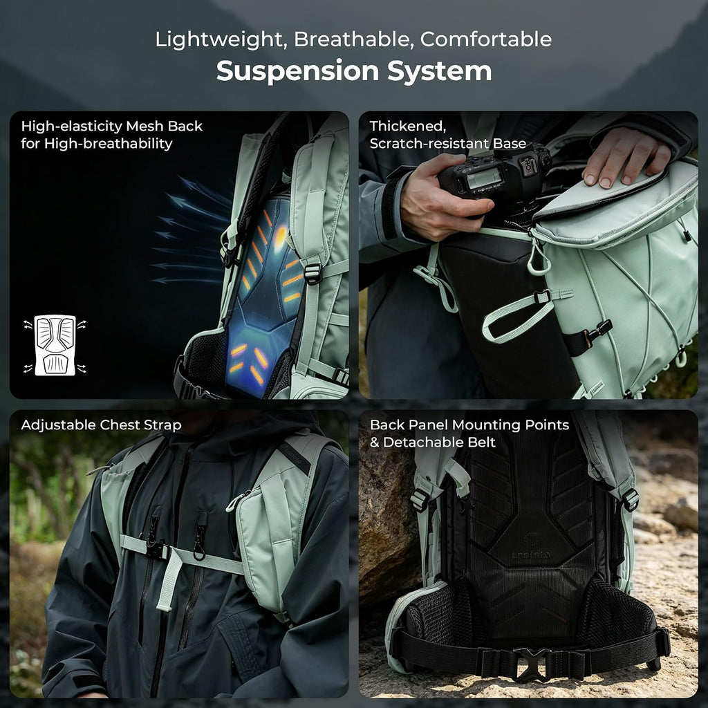 LEOFOTO 35L Camera Backpack for Photographer, Lightweight Waterproof Travel Camera Bag for Camera/Drone/15.6" Laptop, Photopraphy Bag with Side Access & Rain Cover, Tripod Compatible, 2.95KG (GREEN)