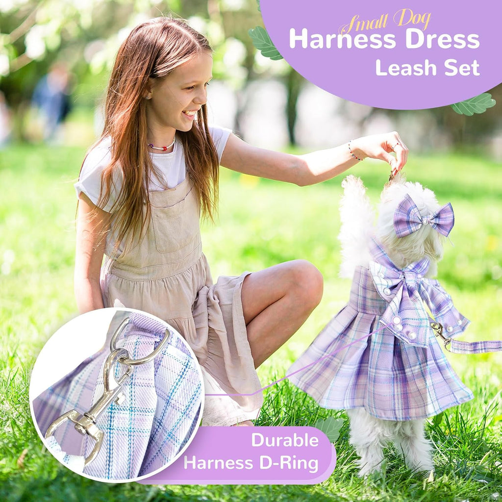 PETCARE Cute Dog Dress Clothes for Small Dogs Cats Girl Female Purple Plaid Bow Tie Dog Harness Dresses Leash Set with Pearls Bow Accessories Birthday Puppy Dress Shih Tzu Yorkies Chihuahua Outfits