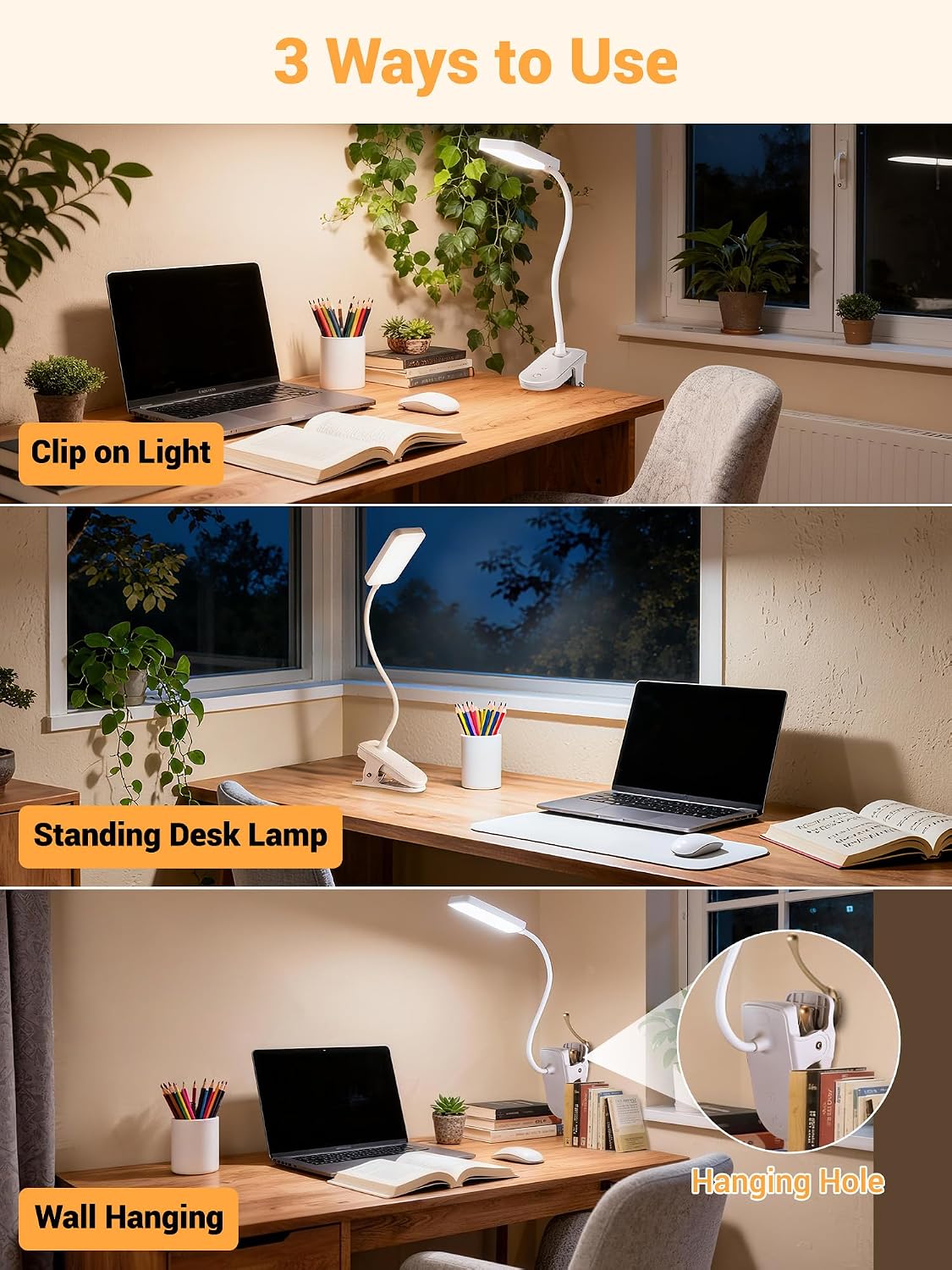 Clip on Light,45 Lighting Modes Rechargeable Desk Lamp with Clamp