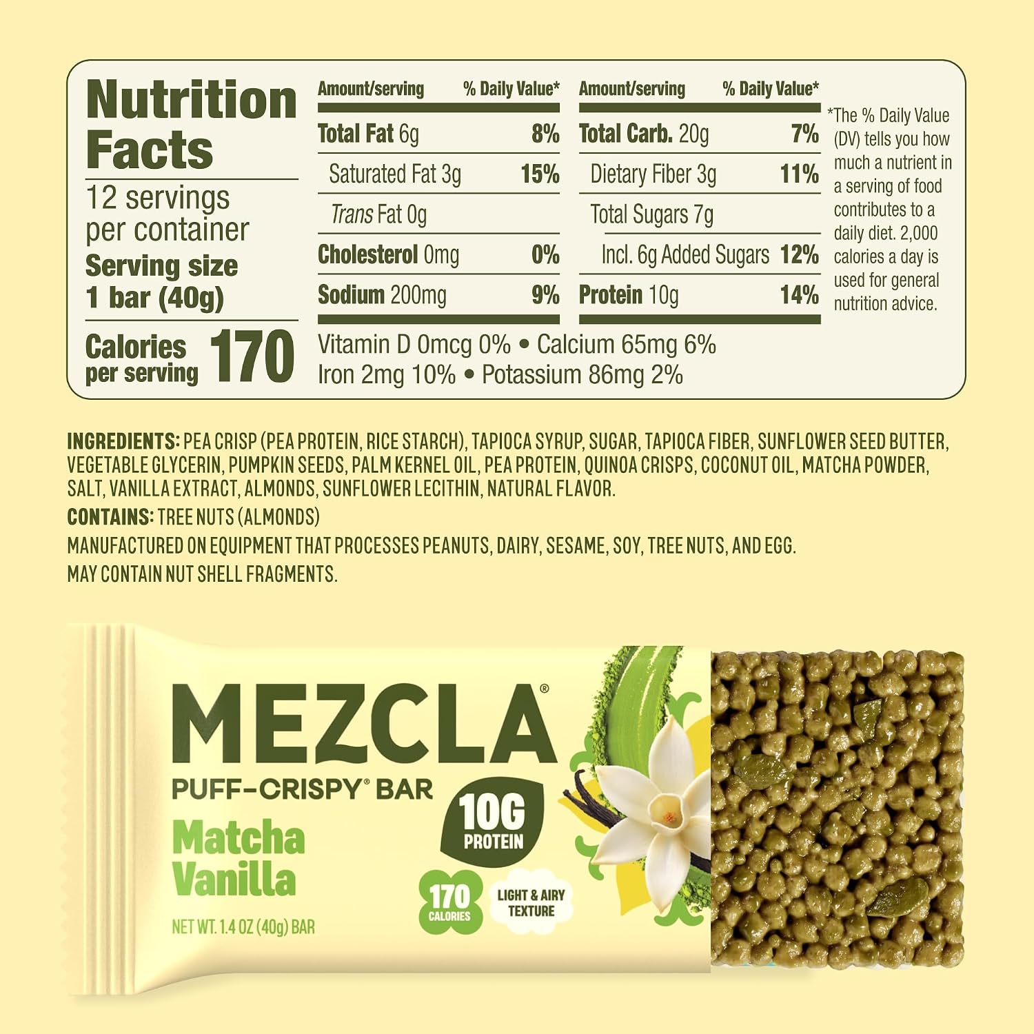 Mezcla Matcha Vanilla Puff Crispy Vegan Bars, 10g Protein, 12 Bars