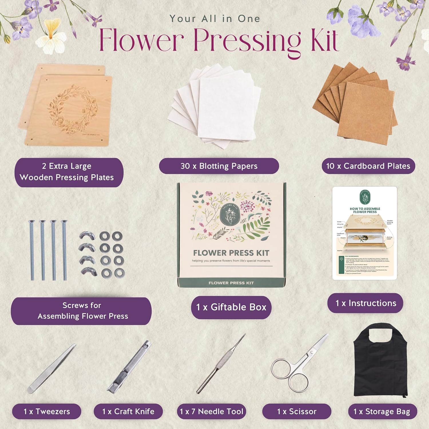 Extra Large Flower Press Kit 11x11 - Wooden Kit with Tools for Adults, Kids