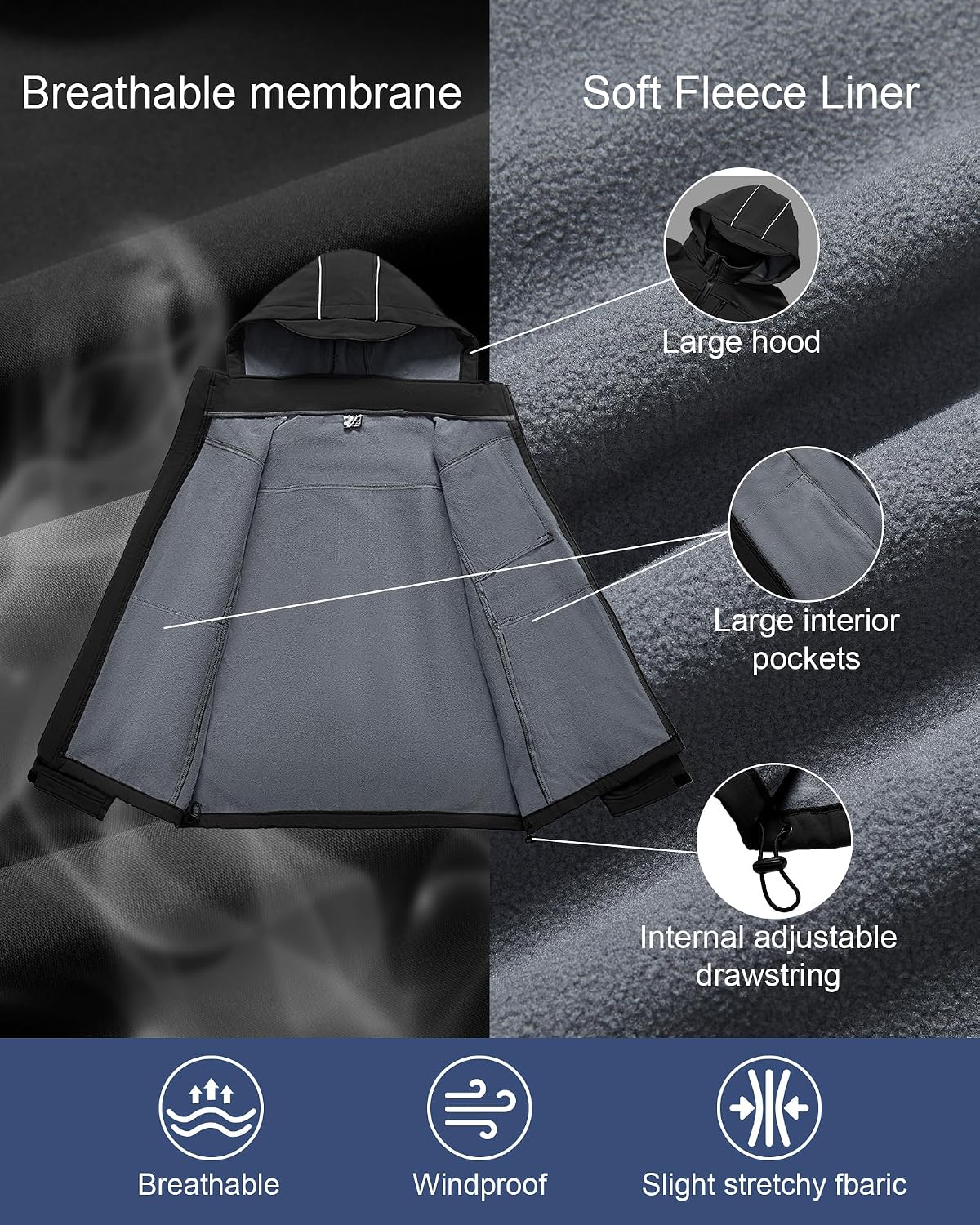 Men's Soft Shell Jacket Waterproof Military Tactical Coat Winter Fleece Lined Rain Jacket with Detachable Hood