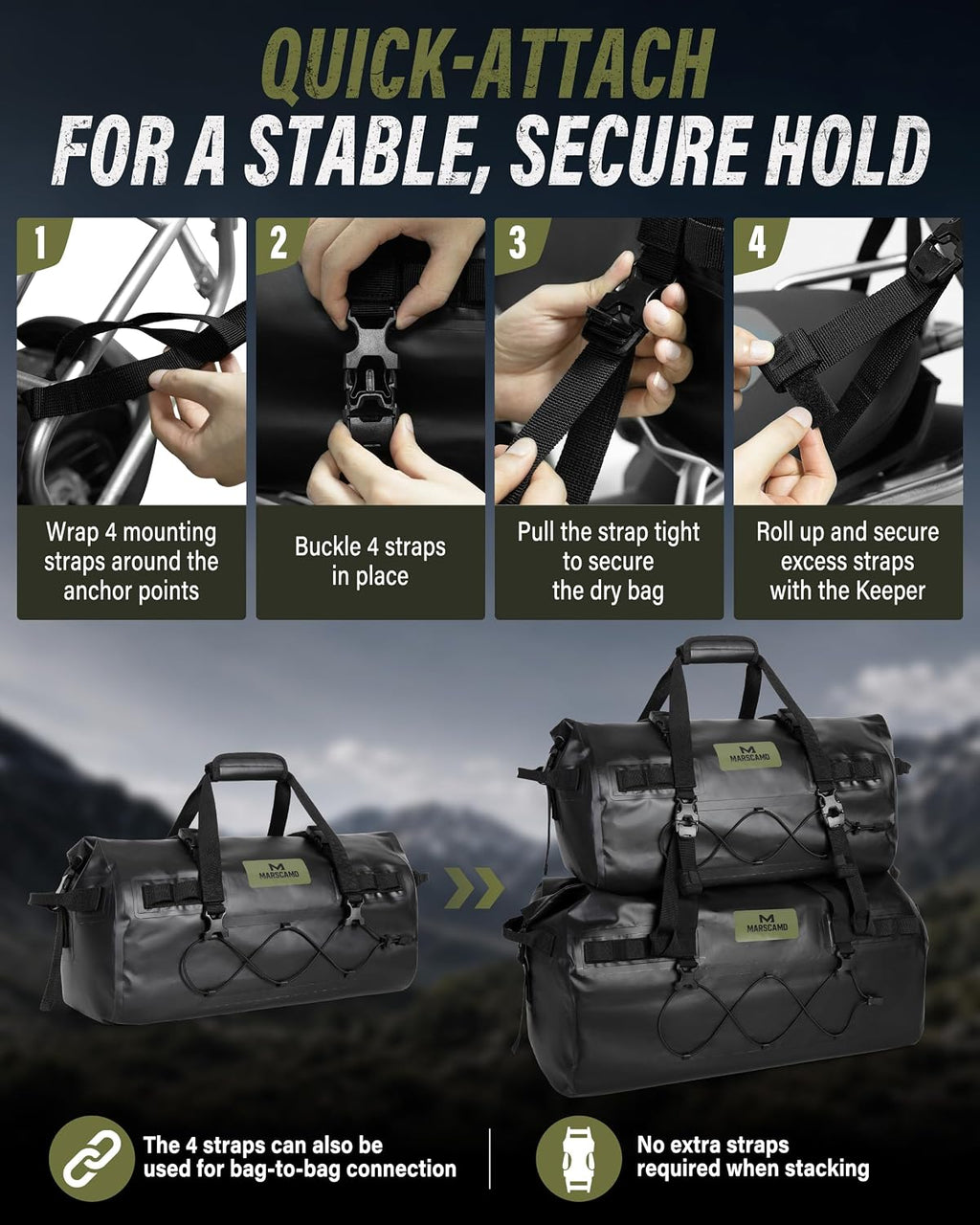 Marscamd Waterproof Motorcycle Dry Bag, Tail Saddle Luggage Roll-Top Design