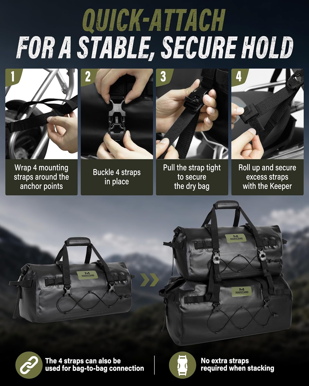 Marscamd Waterproof Motorcycle Dry Bag, Tail Saddle Luggage Roll-Top Design