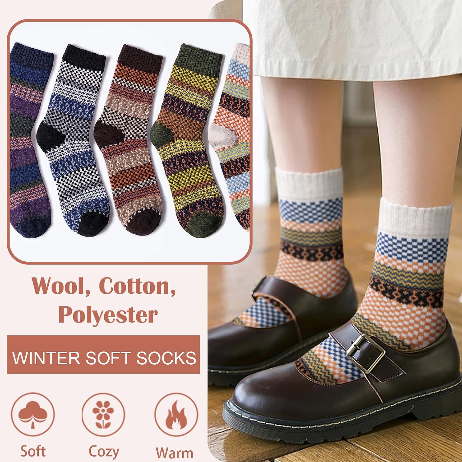 Senker Fashion Wool Socks for Women, 5 Pairs Winter Warm Crew Boot Socks