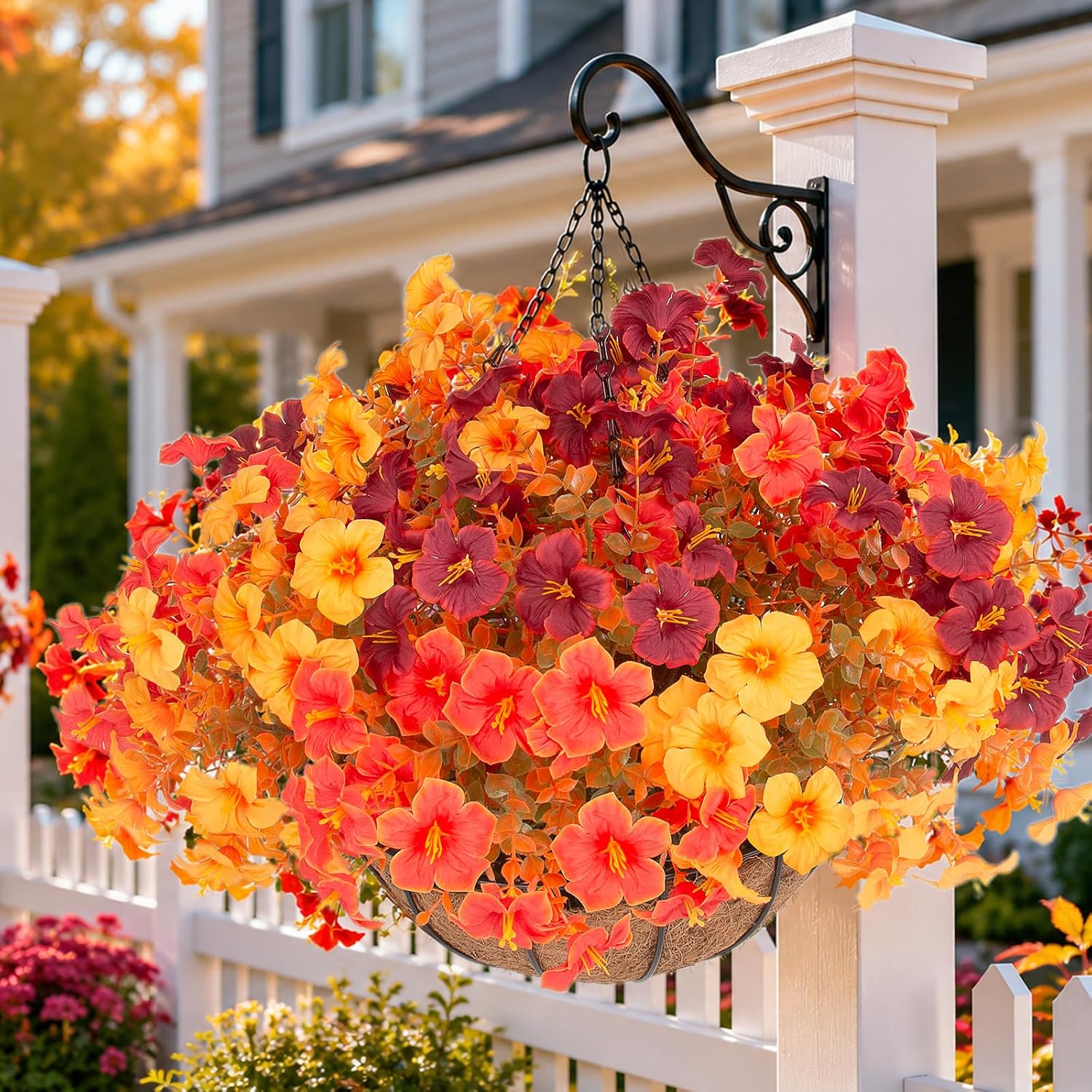 Daynight 2 Set Artificial Outdoor Fall Flowers with Hanging Baskets, 24 Pcs Faux Petunias Flowers with Hanging Planter for Outside Porch Yard Garden Autumn Decor (2, Orange)