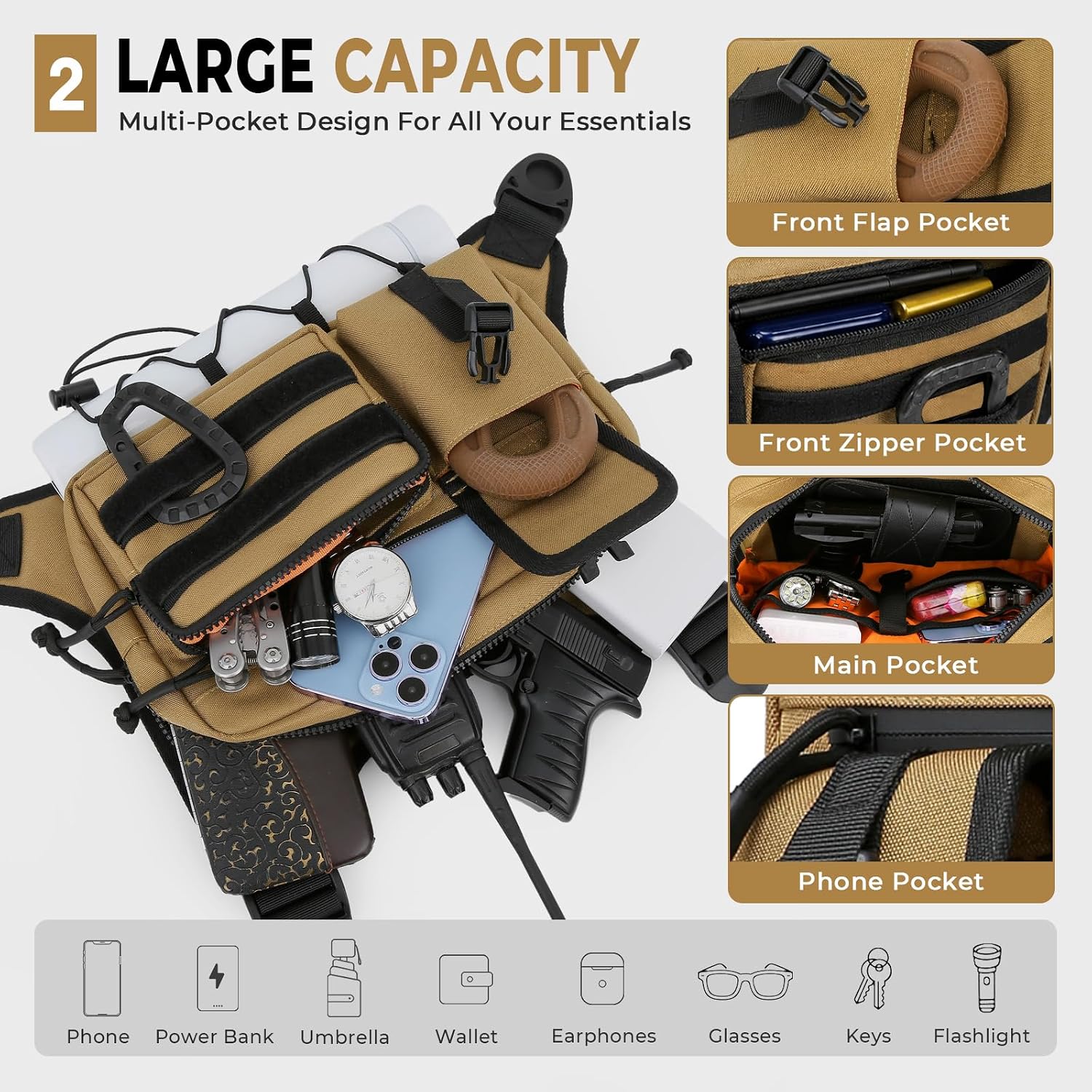 Muserise Outdoor Chest Bag For Men and Women, Tactical Vest For Running, Cycling, EDC Chest Pack Rig For Sports and Workouts