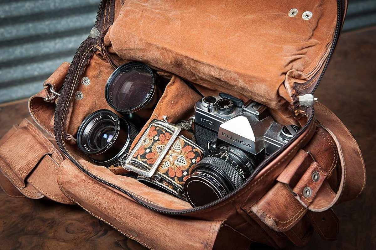 Leather Messenger Bag for Camera - Vintage Shoulder Satchel Camera Bag for DSLR, Canon, Nikon, Fuji Cameras - Travel, Portable Photography Bag