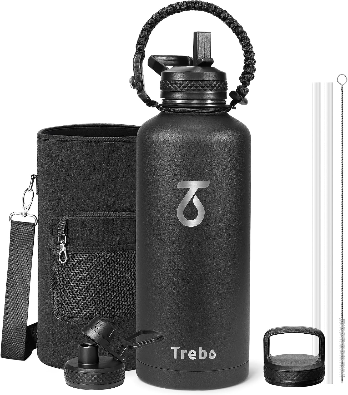 Trebo Water Bottle Insulated 87 oz with with 3 Lids, Paracord Handle & Bag