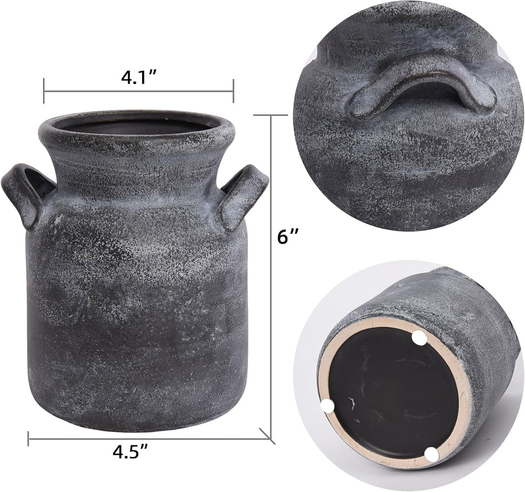 Quoowiit Ceramic Rustic Farmhouse Vase, Distressed Decorative Flower Vases for Home Decor, Ideal Shelf Decor, Black Boho Vase for Living Room Bedroom Kitchen Office Centerpiece Table Decorations