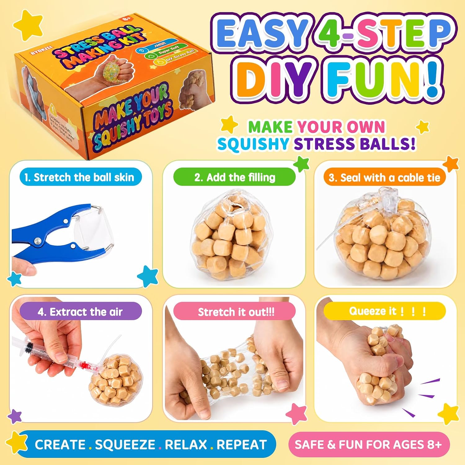 DIY Stress Ball Squishy Making Kit, Make Your Own Squishy Ball Craft Classroom Prize, 15 Empty Big Squishy Skins, 1.2 lb Fillers, 17.6 oz Slime, 3.5 oz Clay, Opening Plier, 6 Coloring, Gift-Ready