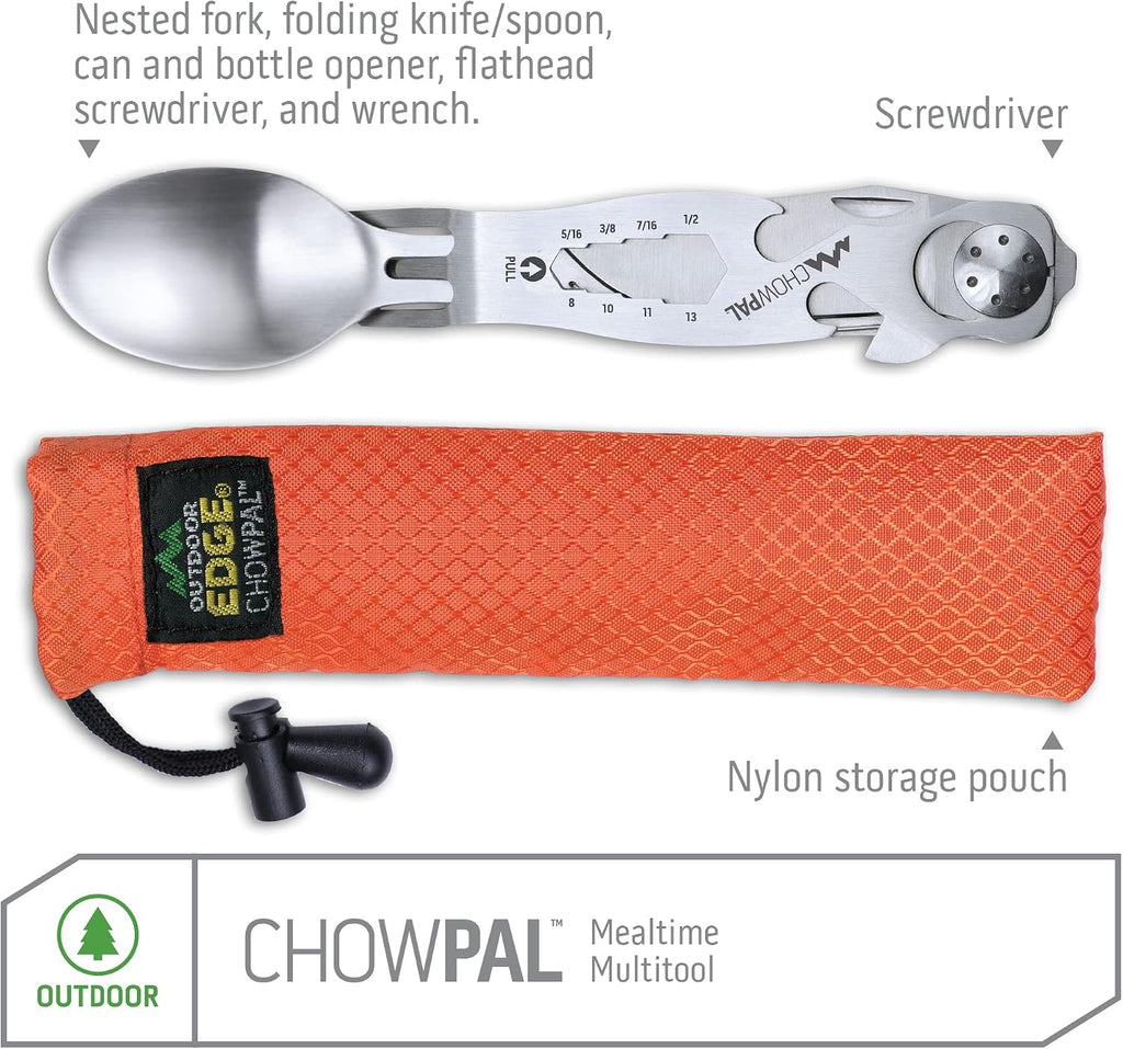 Outdoor Edge ChowPal - Mealtime Multitool with Folding Knife, Fork, Spoon, Bottle Opener, Can Opener, Graduated Wrench, and Screwdriver - 100% Stainless Steel Construction with Nylon Storage Pouch
