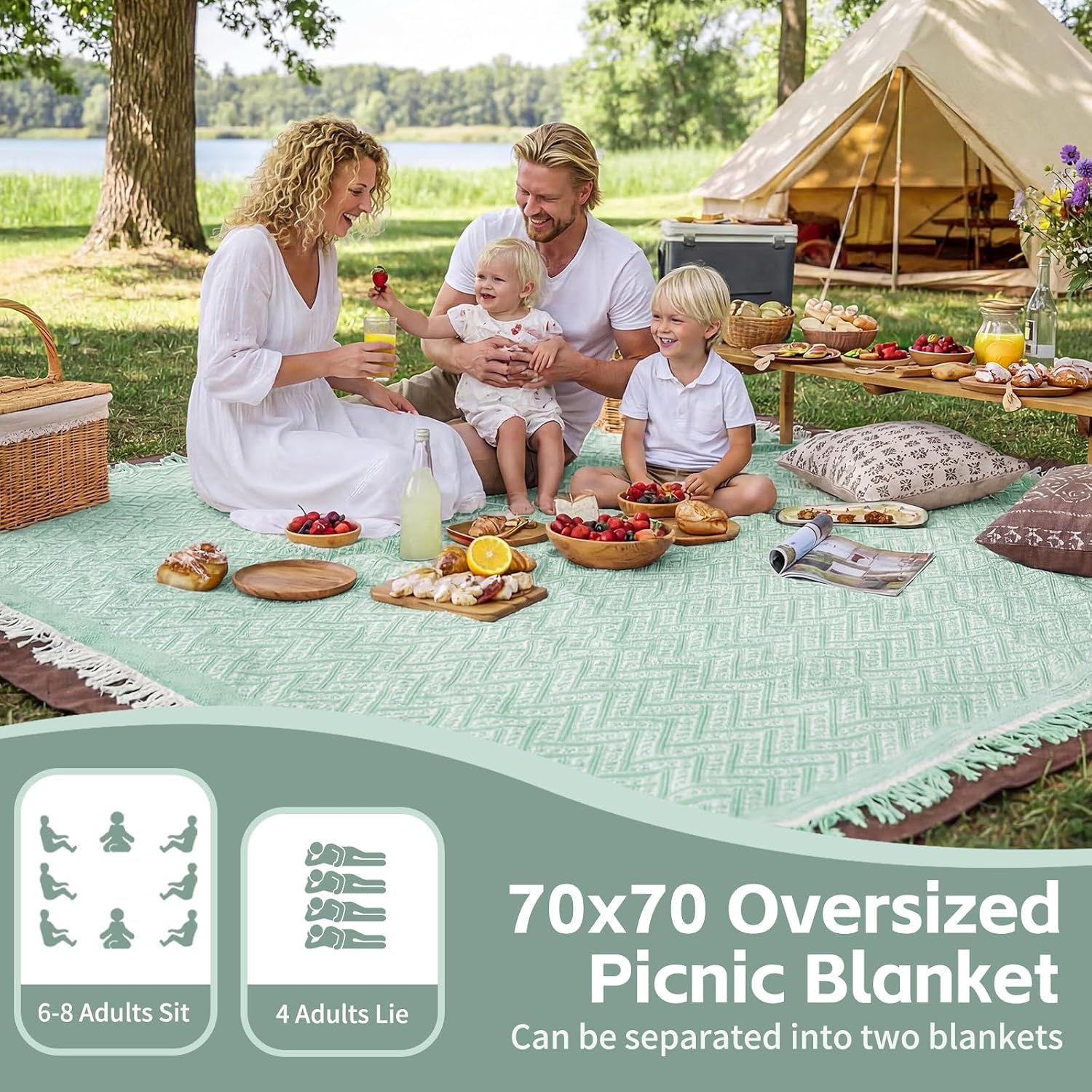 RYCHIC 2 in 1 Extra Large Outdoor Rug Picnic Mat Woven Summer Throw Blanket Boho Giant Beach Travel Essential Yoga Accessories Park Patio Lawn Garden Grass Ground Play Music Festival Concert Must Have