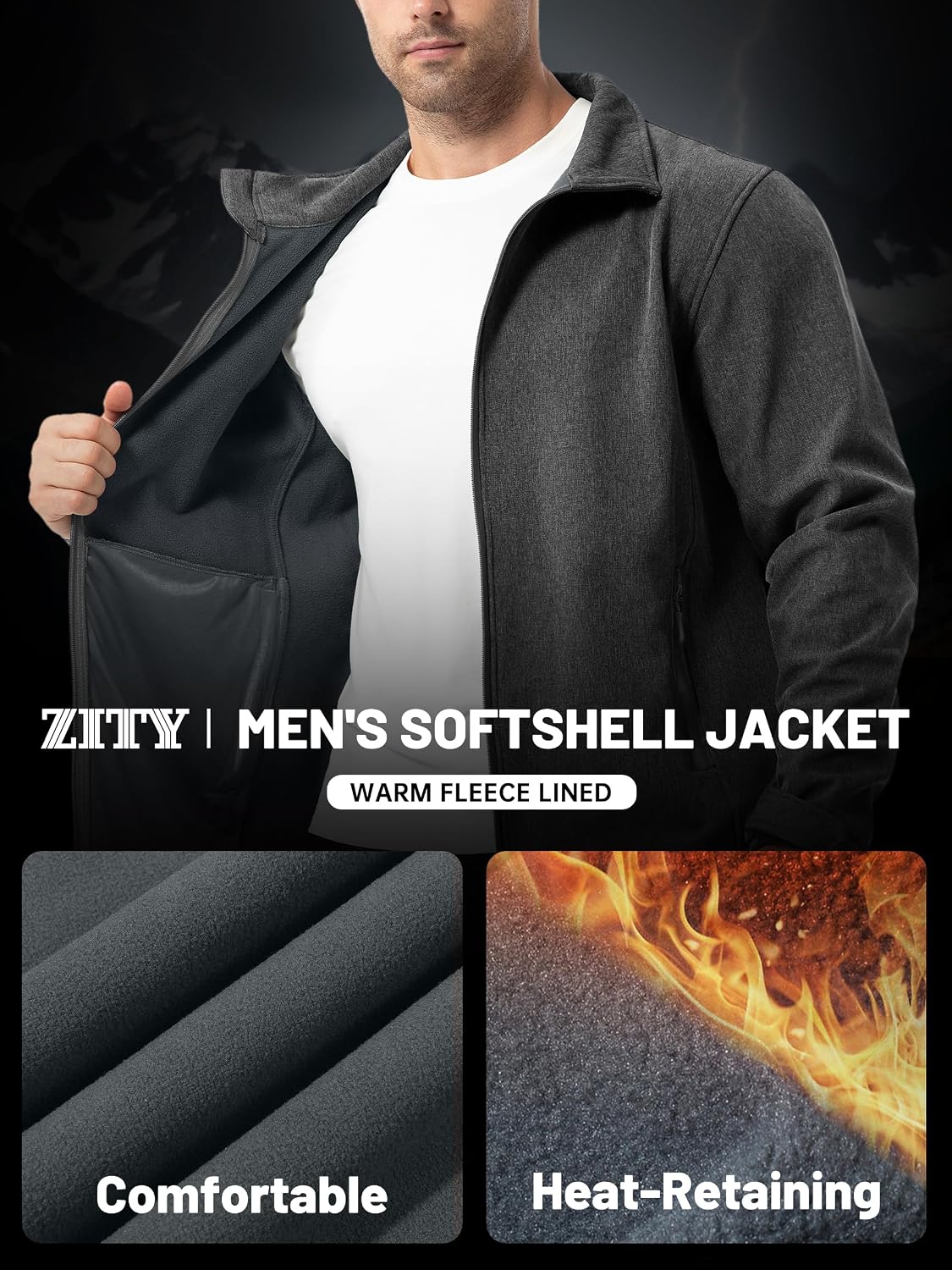 ZITY Men's Softshell Jacket Fleece Lined Lightweight Waterproof Rain Jacket Zip Up Soft Shell Windproof Windbreaker