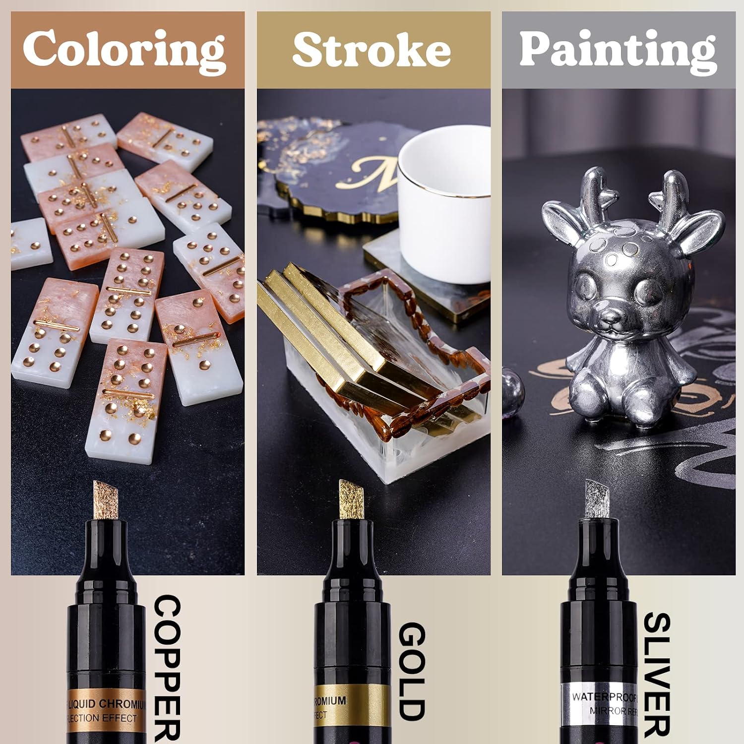 LET'S RESIN Liquid Mirror Chrome Metallic Markers 3 Colors,Reflective Gloss