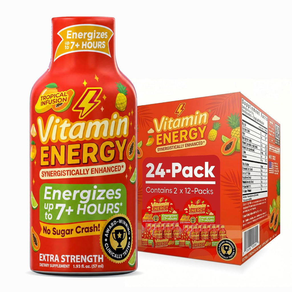 Vitamin Energy Tropical Infusion Extra Strength Energy Shot, 24 Pack - Up to 7 Hrs, 260mg Natural Caffeine, Zero Sugar - BCAAs + CoQ10, Focus Support, B12 B6 Niacin, 1.93 fl oz, Keto Vegan