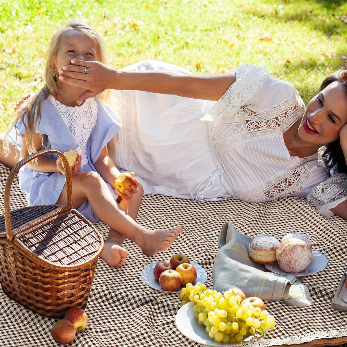 VitalCozy Gingham Picnic Blankets 59x78 in Outdoor Waterproof, Coffee White