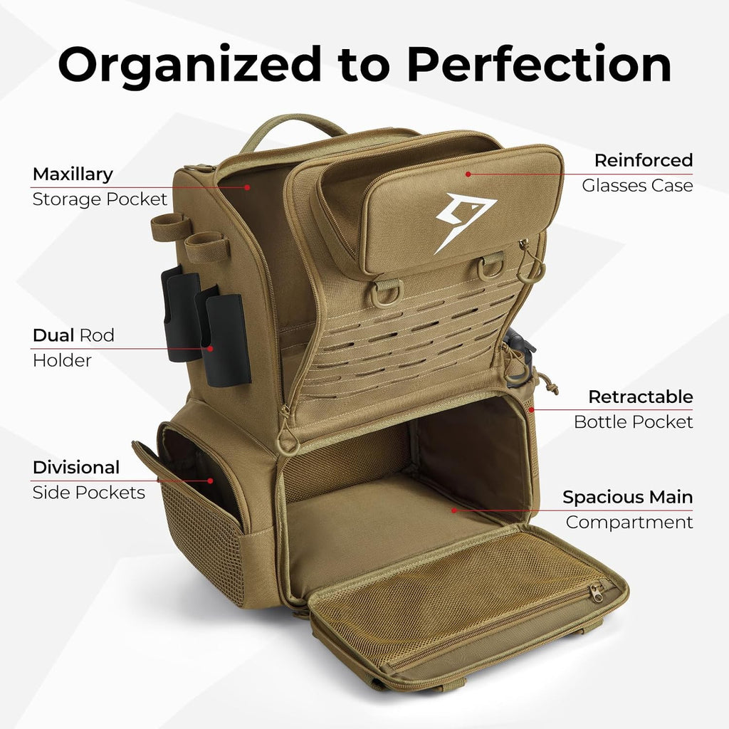 Piscifun 52L Fishing Tackle Backpack, 17 Pockets, Rod Holders & 4 Boxes