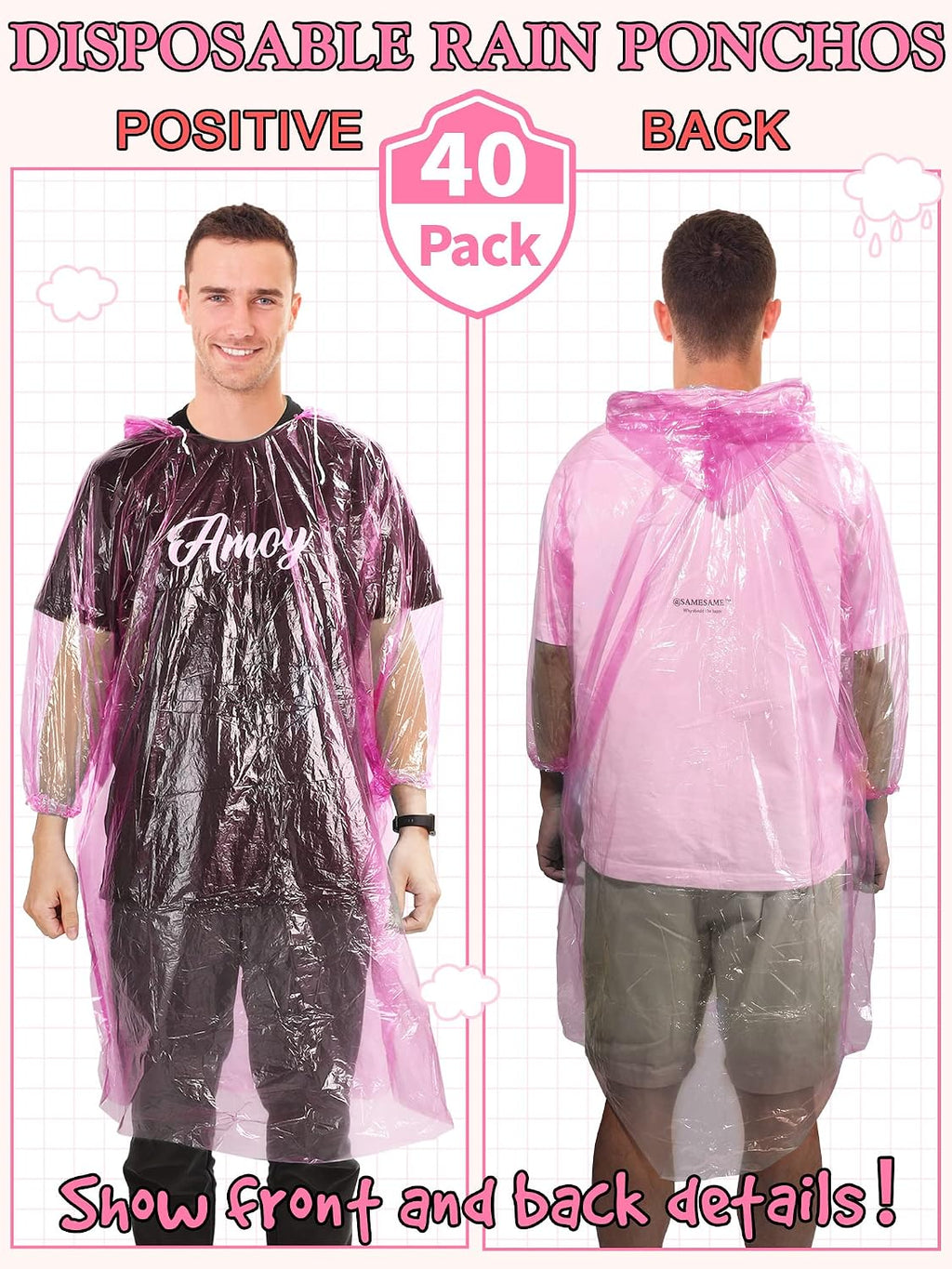 Tarpop 40 Pack Disposable Rain Ponchos Adult Drawstring Hood