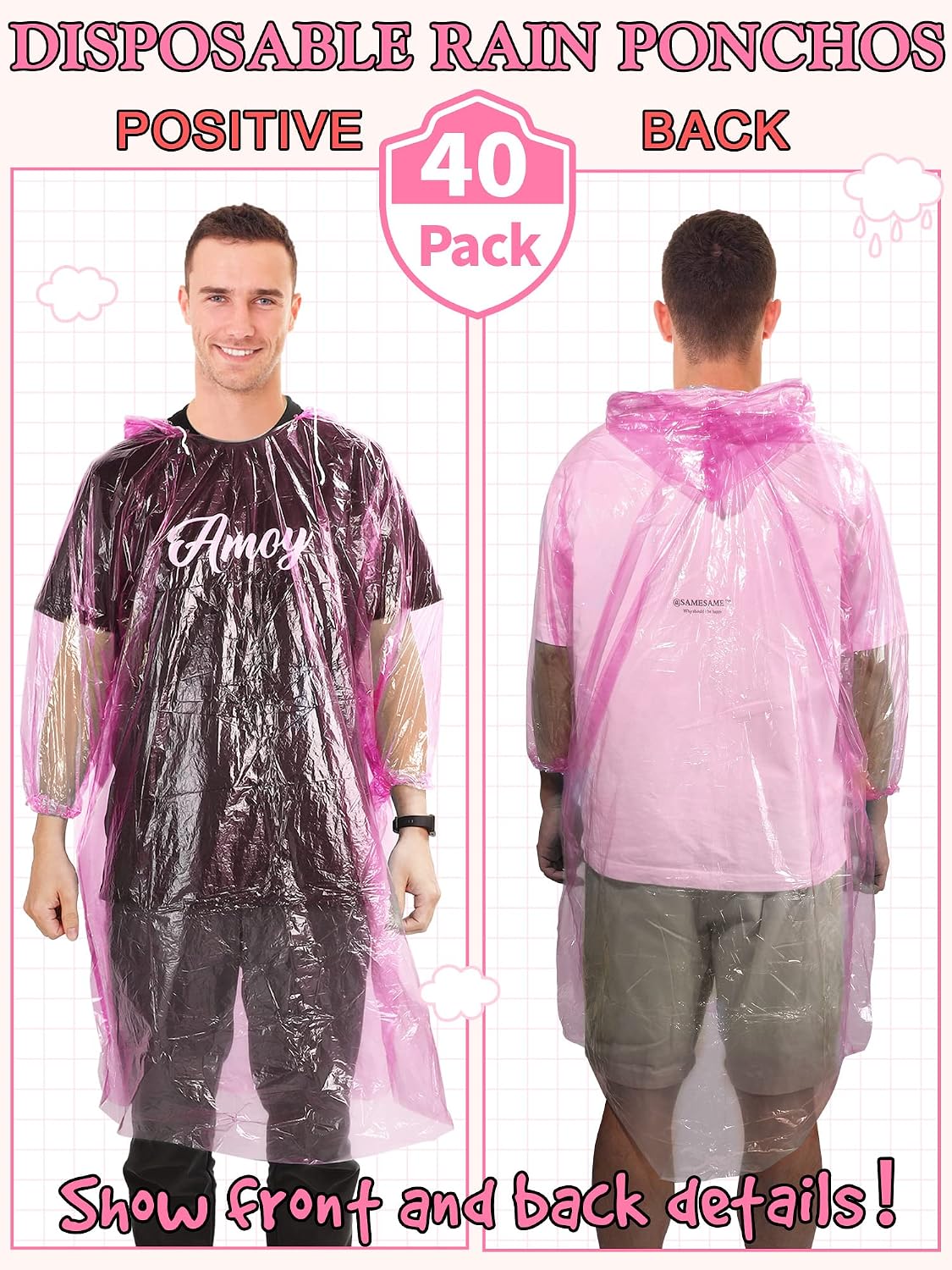 Tarpop 40 Pack Disposable Rain Ponchos Adult Drawstring Hood