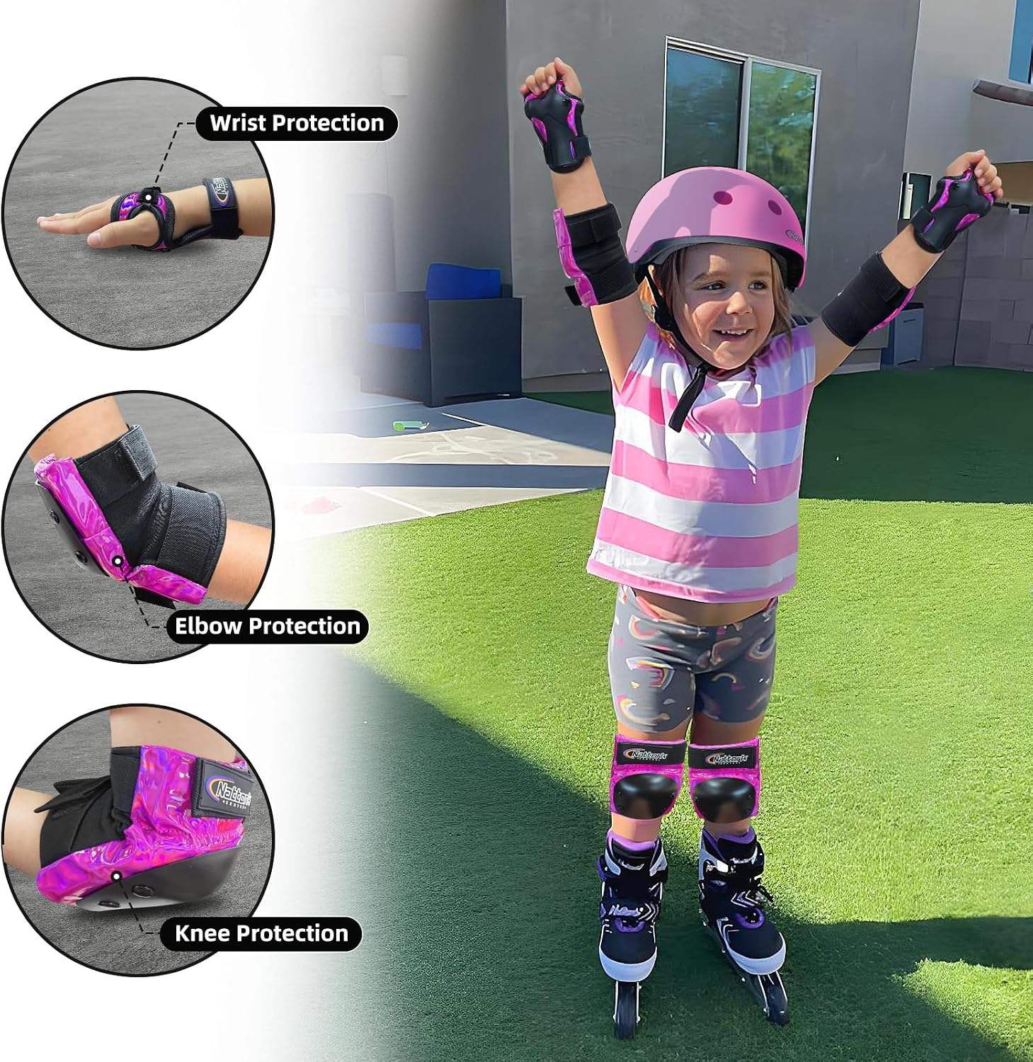 Nattork Knee Pads for Kids Youth Audlt，Knee and Elbow Pads with Wrist Guards 6 in 1 Protective Gear Set for Skateboard, Roller Skate, Inline Skates, Cycling and Scooter Boys Girls