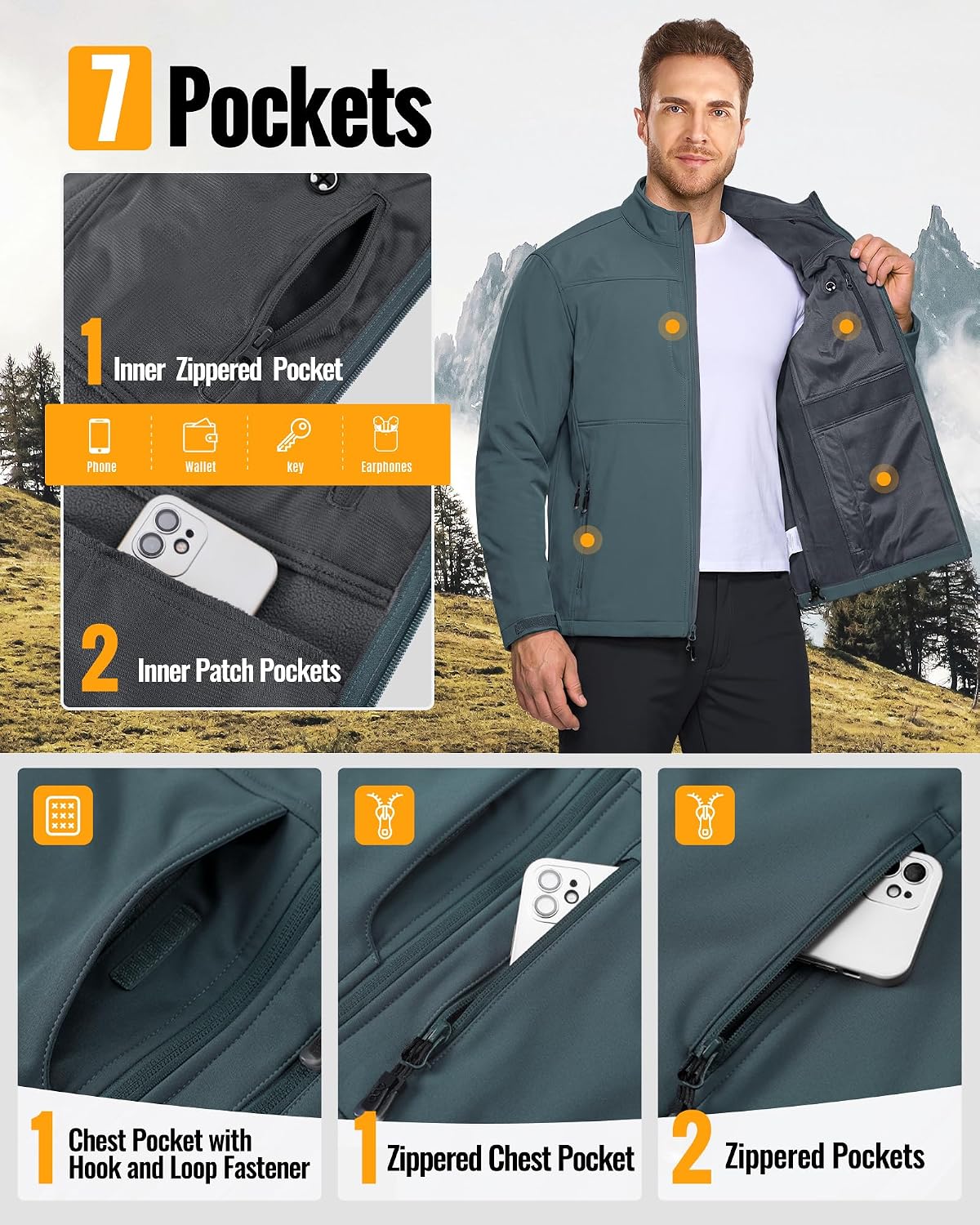 33,000ft Men's Lightweight Softshell Jacket Fleece Waterproof Windbreaker