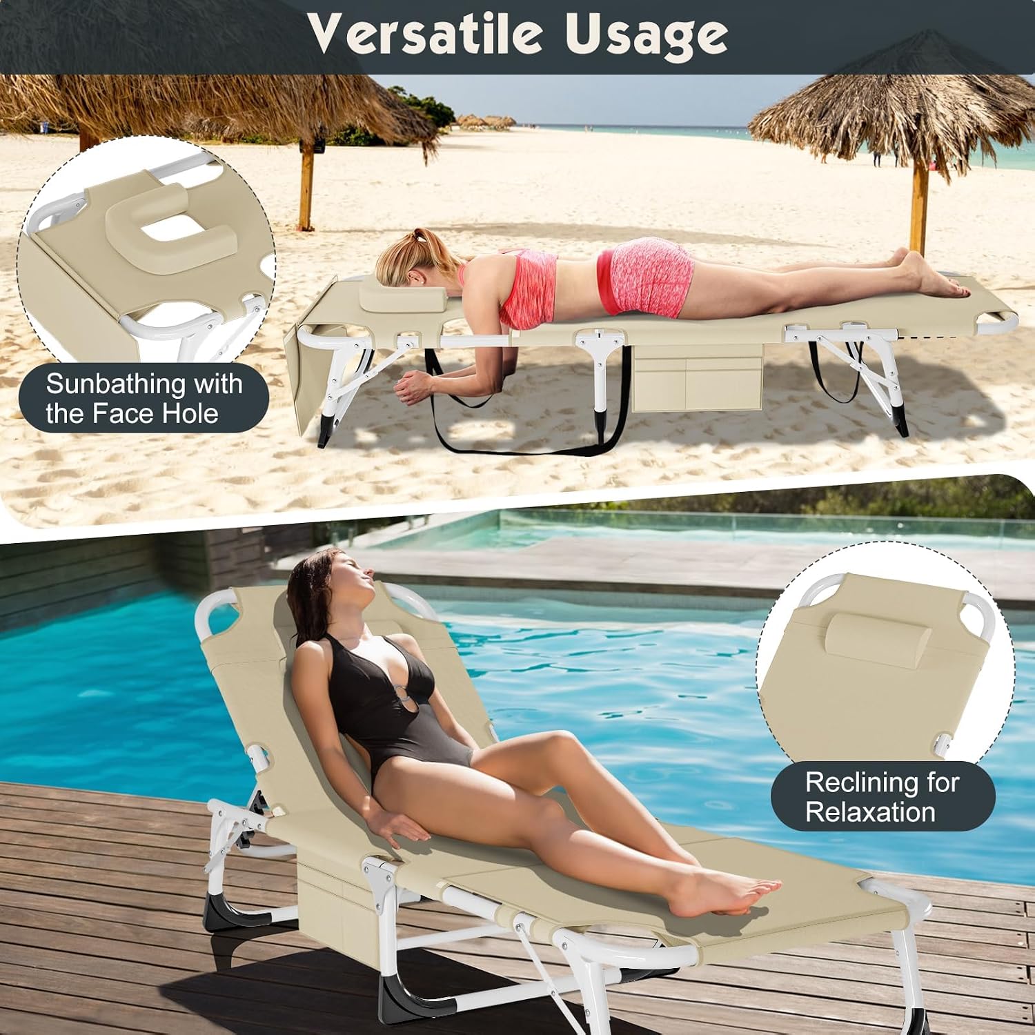 MOPHOTO Folding Tanning Chair, 5-Position Chaise Lounge with Face Hole