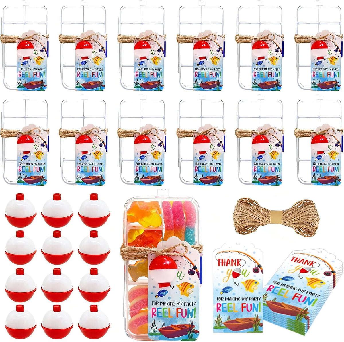 24 Set Fishing Candy Little Tackle Boxes for Birthday Party Favors with 24 Fishing Bobber 24 Thank You Cards for Making My Party Reel Fun Gone Fishing Theme Supplies Fishing Decorations (24)