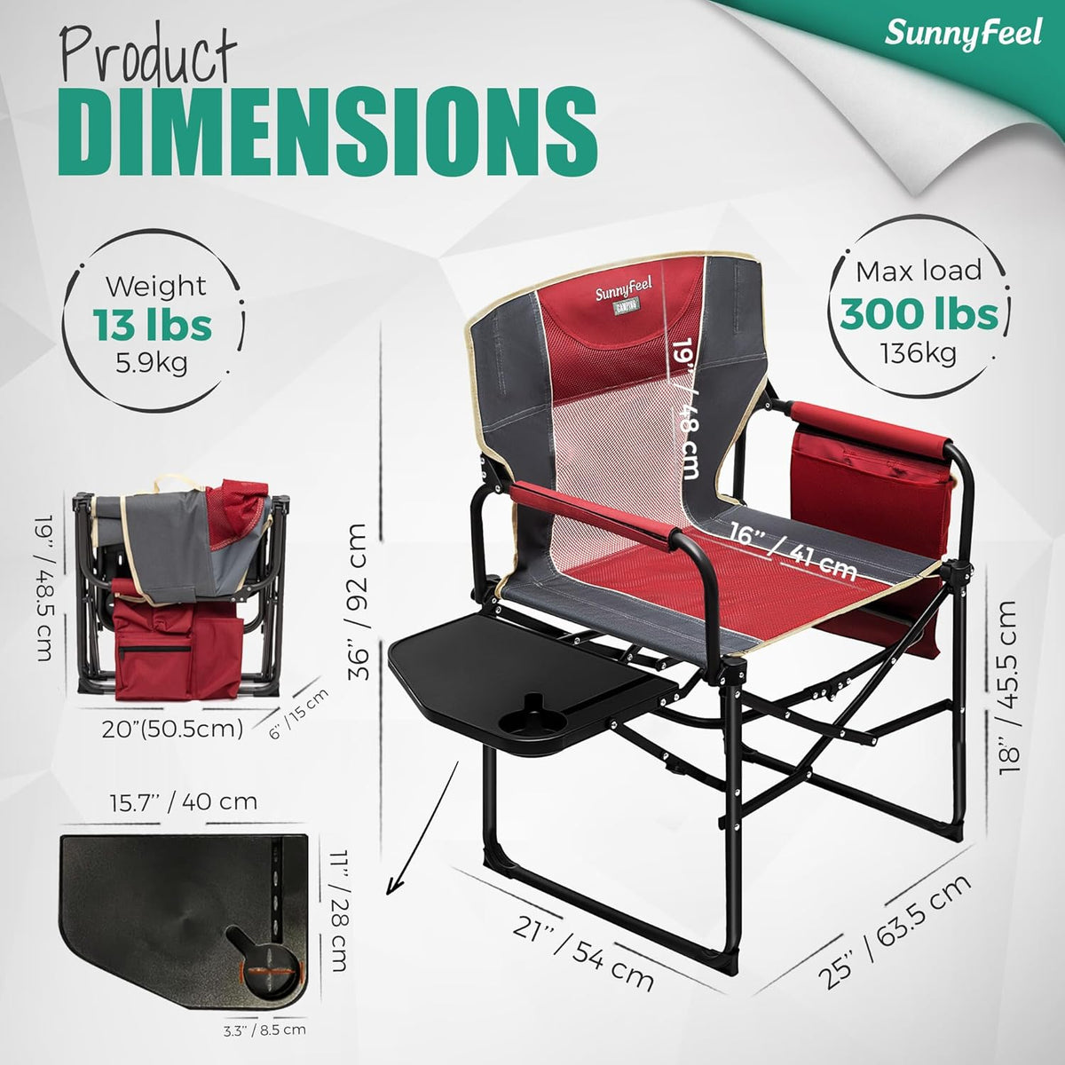 SUNNYFEEL Oversized Camping Chair Portable Directors Chairs with Side Table