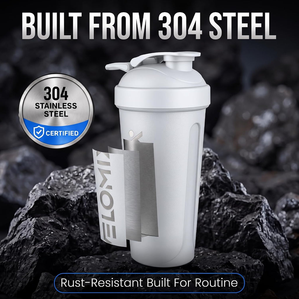 VELOMIX 24oz Stainless Steel Shaker Bottle with Wire Whisk (White)
