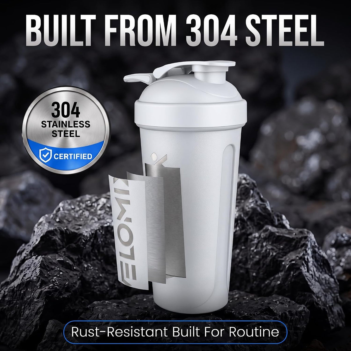 VELOMIX 24oz Stainless Steel Shaker Bottle with Wire Whisk (White)