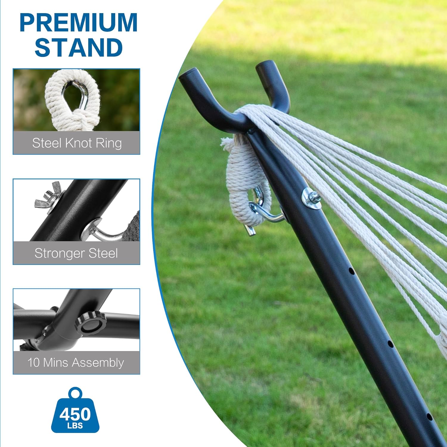 PNAEUT Double Hammock with Stand for Outside, Heavy-Duty, Portable (Blue)