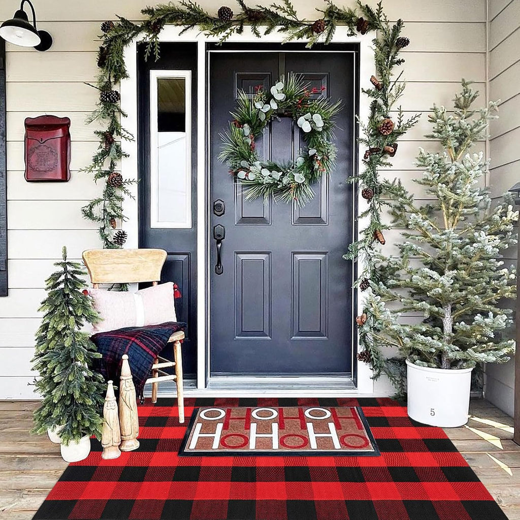 Christmas Door Mat Outdoor 35.4''x59'' Buffalo Plaid Christmas Decor Rug Cotton Hand-Woven Layered Door Mats Washable Carpet for Front Porch, Kitchen, Farmhouse, Entryway