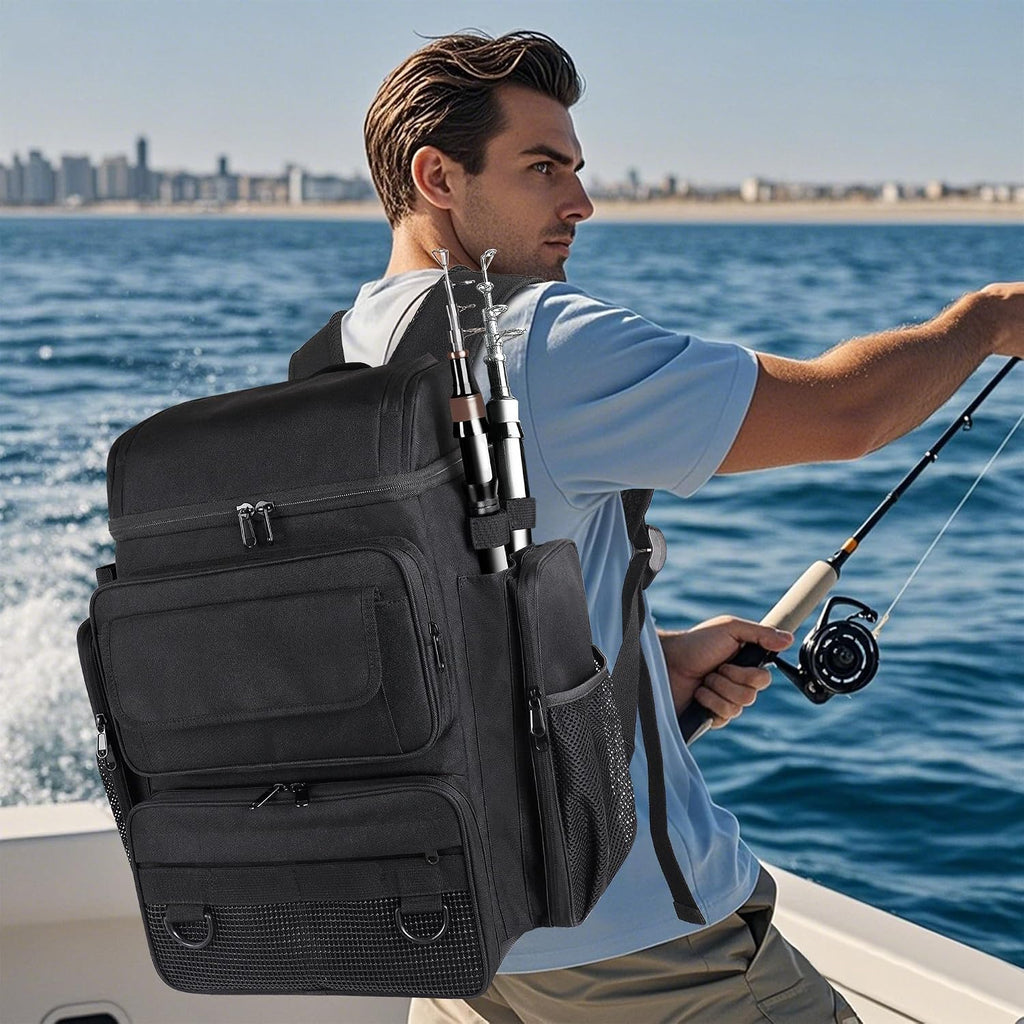 Fishing Tackle Backpack With Rod Holders, 45L Large Tackle Bag & Fishing Tackle Backpack for Fishing, Camping, Hiking,Black