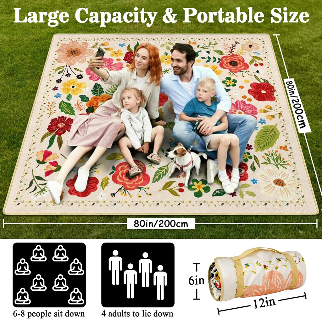 Picnic Blankets Waterproof Foldable Extra Large,80"x 80" Outdoor Beach Blanket Sandproof,3-Layer Lightweight Handy Mat Tote Picnic Camping Rugs for Outside Your Rv (Boho Vintage Floral)