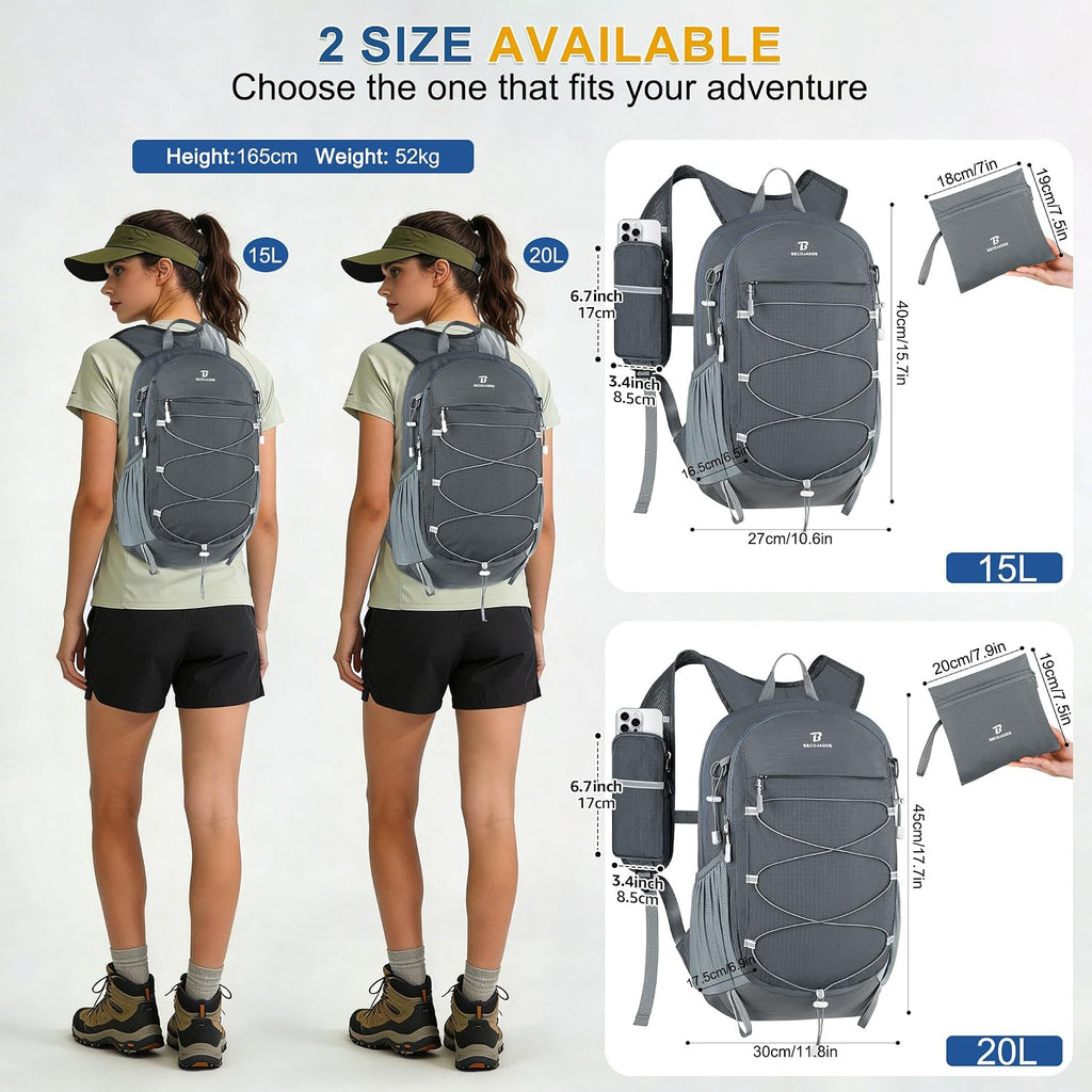 BECOJADDE Hiking Backpack 15L Small Backpack Packable Day pack Water Resistant Lightweight Travel Backpack for Women Men with Shoulder Strap Pockets for Hiking Camping Outdoor, Grey
