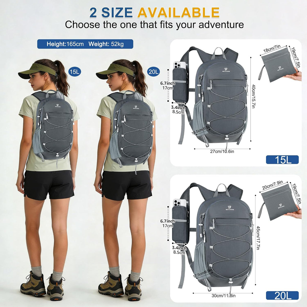 BECOJADDE Hiking Backpack 15L Small Backpack Packable Day pack Water Resistant Lightweight Travel Backpack for Women Men with Shoulder Strap Pockets for Hiking Camping Outdoor, Grey