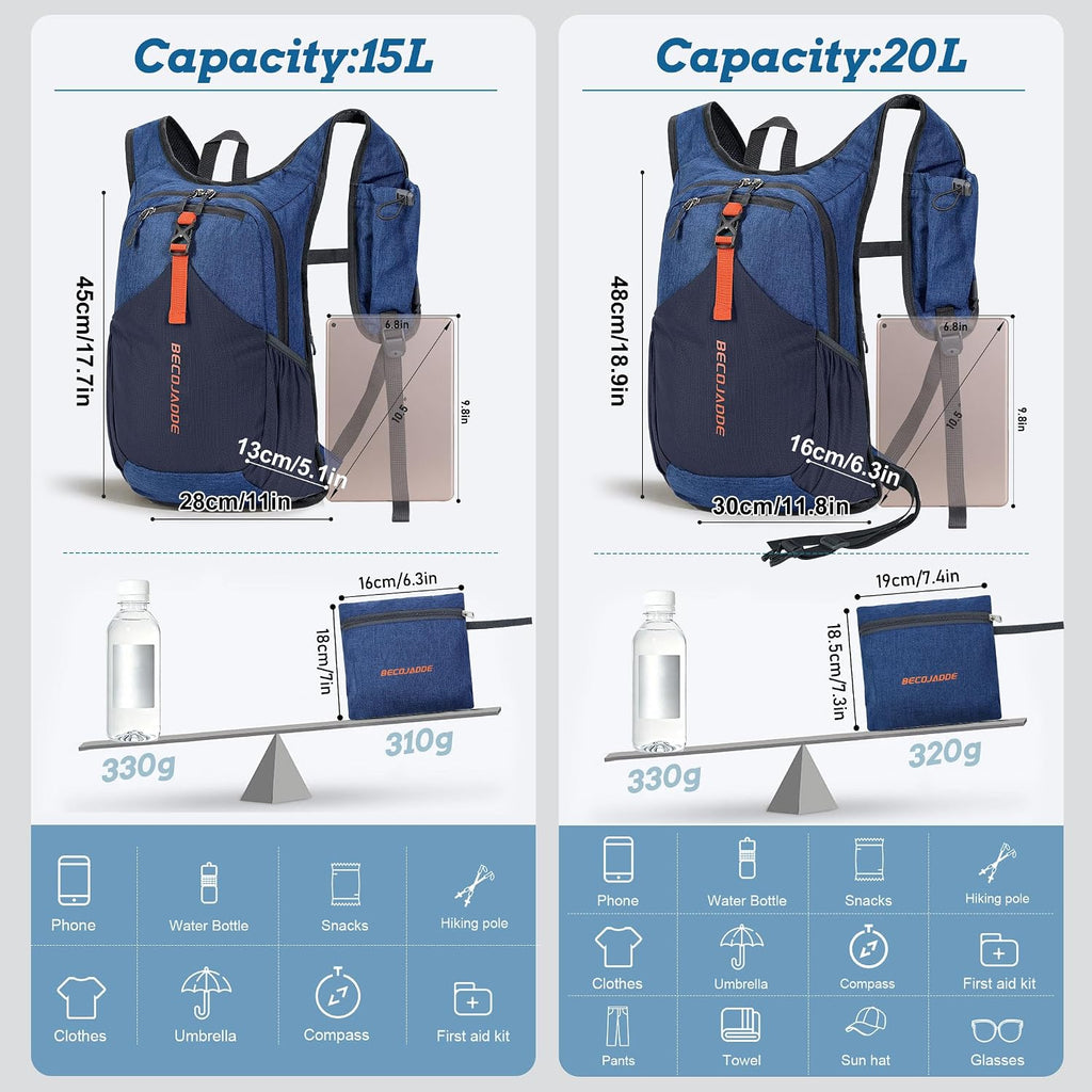 BECOJADDE 15L Small Hiking Backpack for Men Women Foldable Packable Back Pack Ultralight Hiking Daypack for Travel Camping Outdoor, Navy Blue
