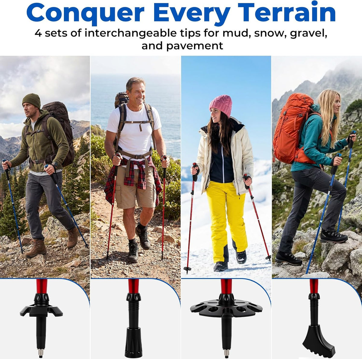 4 Pcs Trekking Poles Set, Collapsible Aluminum Hiking Poles, Adjustable Folding Trekking Sticks, Lightweight Travel Walking Sticks with Storage Bag for Adult Men Women