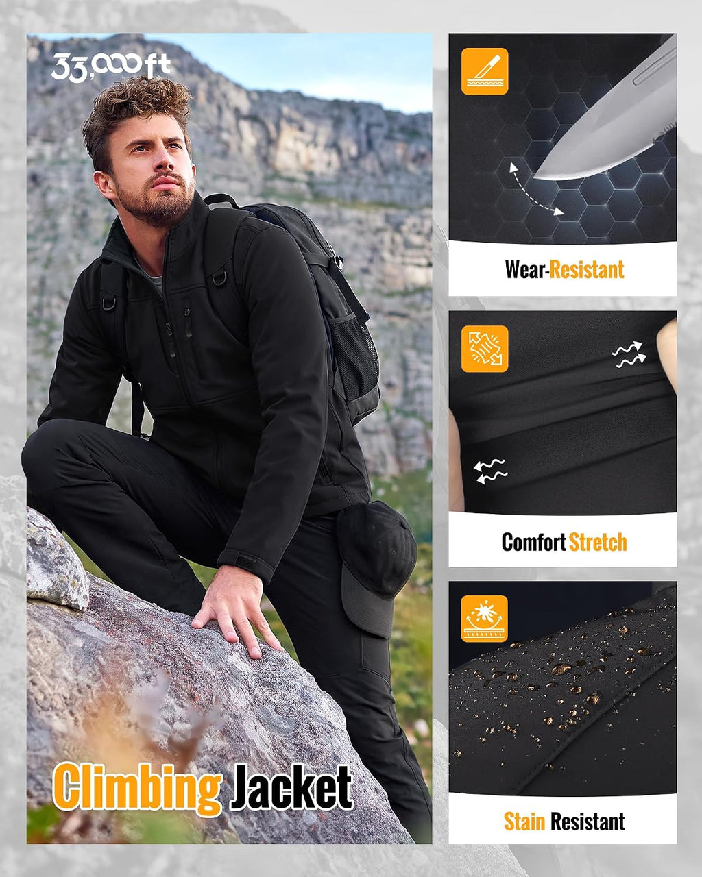 33,000ft Men's Lightweight Softshell Jacket Fleece Waterproof Windbreaker
