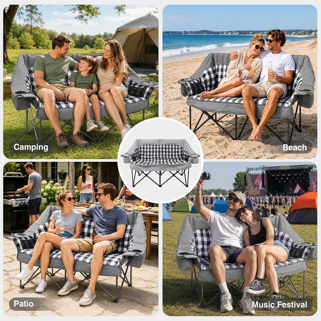 HOPERAN Double Camping Chair 800lbs Camping Couch Folding Loveseat, Grey