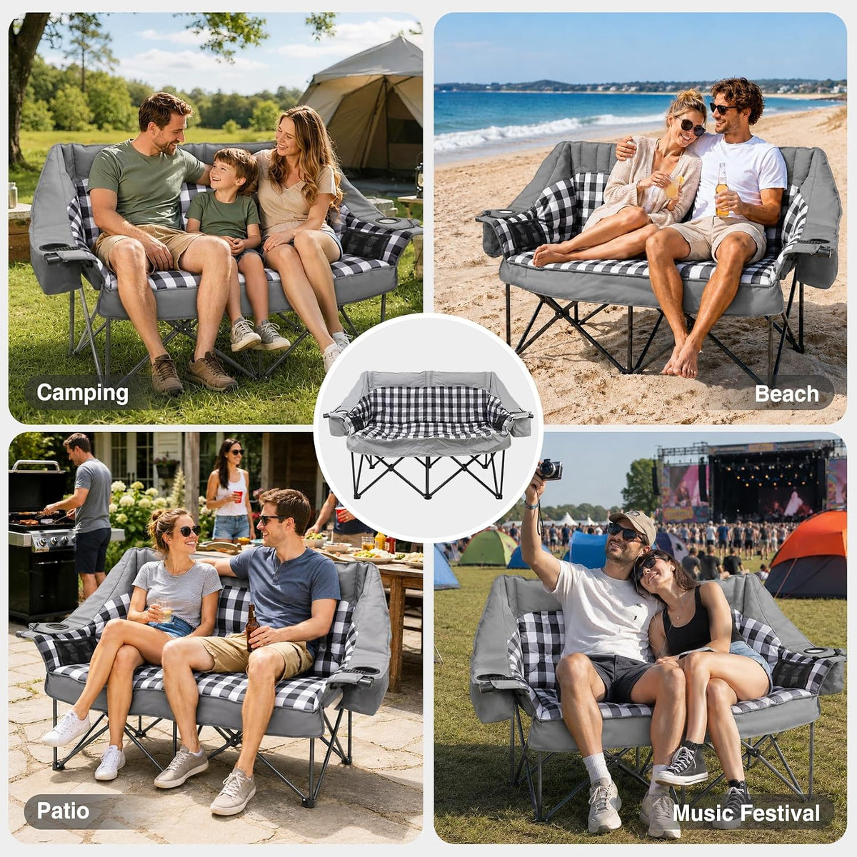 HOPERAN Double Camping Chair 800lbs Camping Couch Folding Loveseat, Grey
