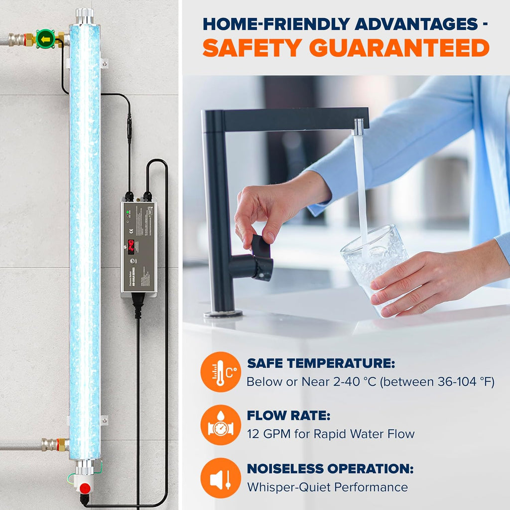 UV Water Purification System 55W, 12 GPM - UV Water Filter with Smart Flow Sensor Switch - Whole House UV Water Purifier Ensuring Water Purity - UV Light for Well & City Water + 1 Extra Lamp