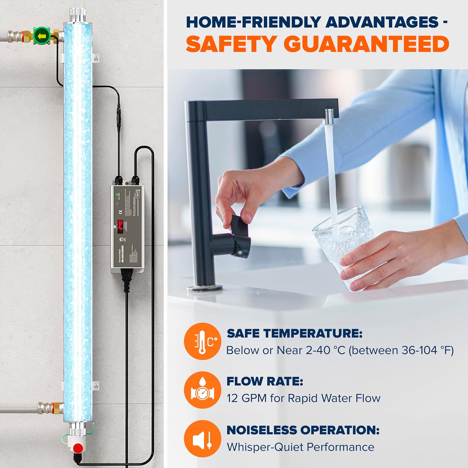 UV Water Purification System 55W, 12 GPM - UV Water Filter with Smart Flow Sensor Switch - Whole House UV Water Purifier Ensuring Water Purity - UV Light for Well & City Water + 1 Extra Lamp