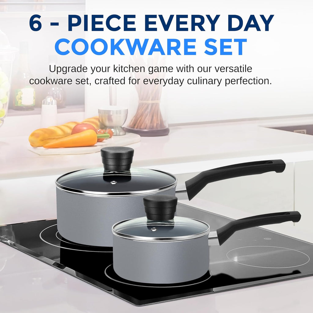 SereneLife Kitchenware Pots and Pans Set, Basic Kitchen Nonstick Cookware Set, Heat Resistant Lacquer (6-Piece Set), One Size, Gray