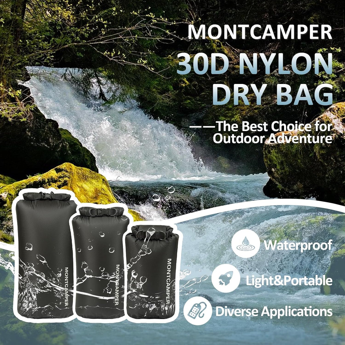 Waterproof Dry Bag 3-Pack (5L + 10L + 20L) – 30D Nylon Roll Top Dry Sacks with PU Coating, Lightweight Water-Resistant Storage for Kayaking, Camping, Hiking, Fishing & Beach (Black)