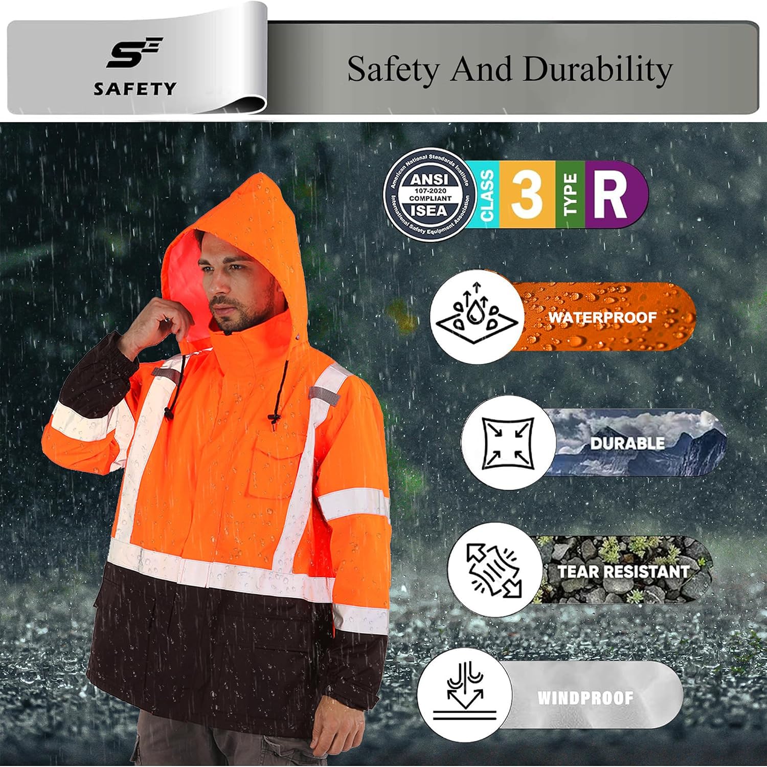 sesafety Hi Vis Rain Jacket, Rain Suits for Men Waterproof withBlack Bottom