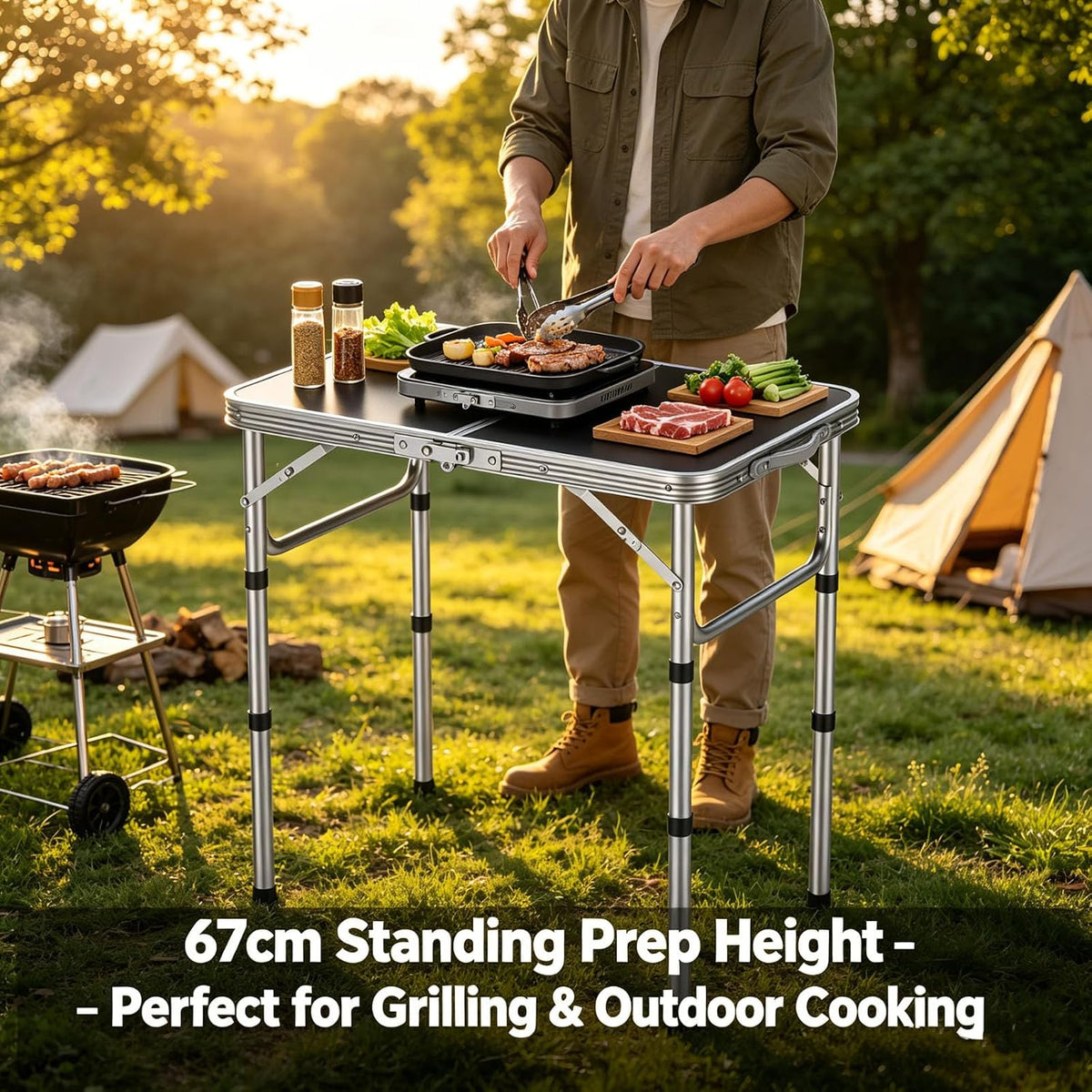 HOMGEN Folding Camping Table with 3 Heights Portable Outdoor Picnic Table MDF Desktop-Lightweight 2.25kg-Sturdy 66lbs for Picnic Beach RV Tailgate, Indoor Study Work Desk– Easy to Setup & Clean